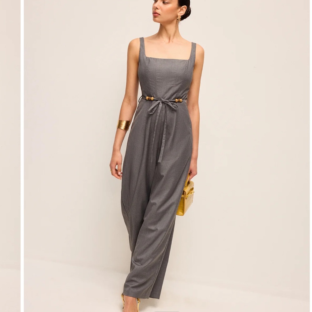 Square Neck Belted Jumpsuit With Beaded Waist Tie - Picture 2 of 8
